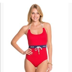 Sperry Top-Sider Ahoy Matey Red Tie Waist Halter One Piece Swimsuit Large NWT